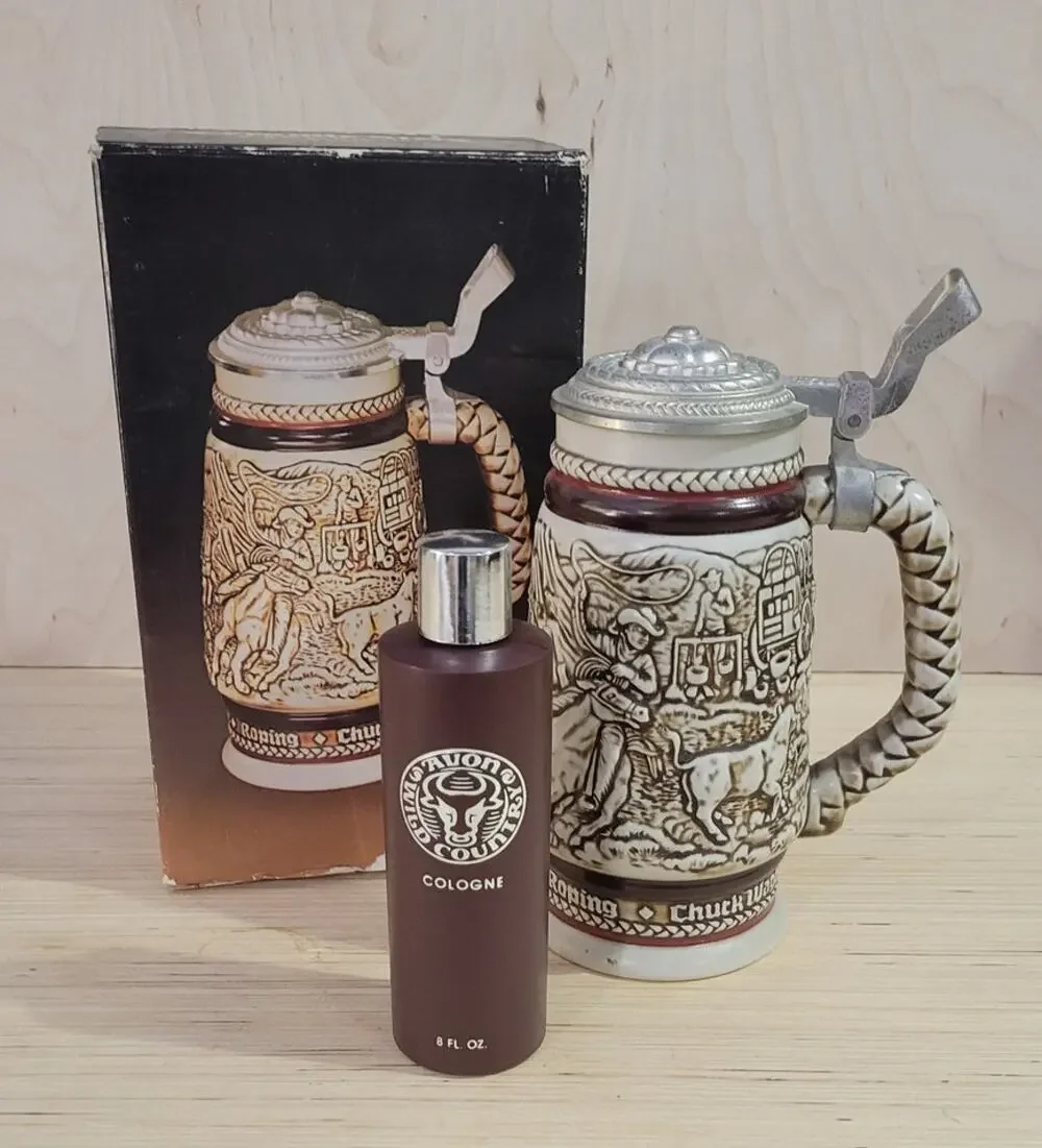 Avon Western Round-Up Ceramic Stein with Wild Country Cologne 1980 Vintage Beer